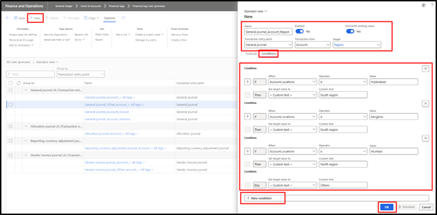 2. Select +New to create a financial tag and create conditions accordingly as shown below.