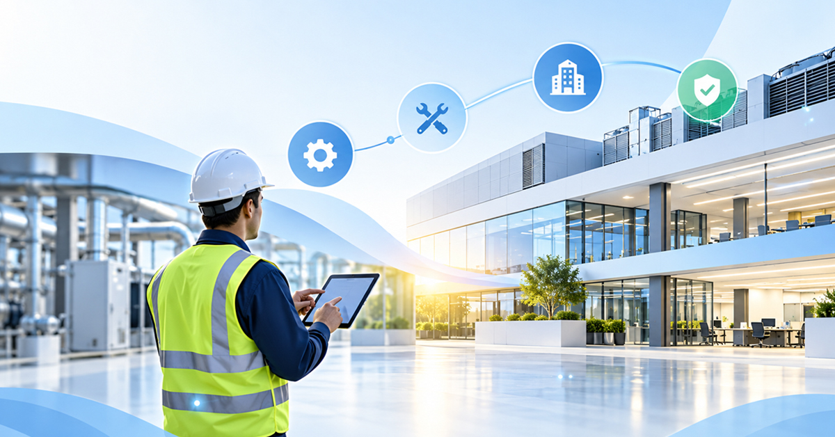 Facility management professional using a tablet outside a modern commercial building